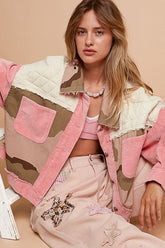 POL Corduroy Jacquard Patchwork Button Up Jacket Neon Pink Multicolor OutfitFlow